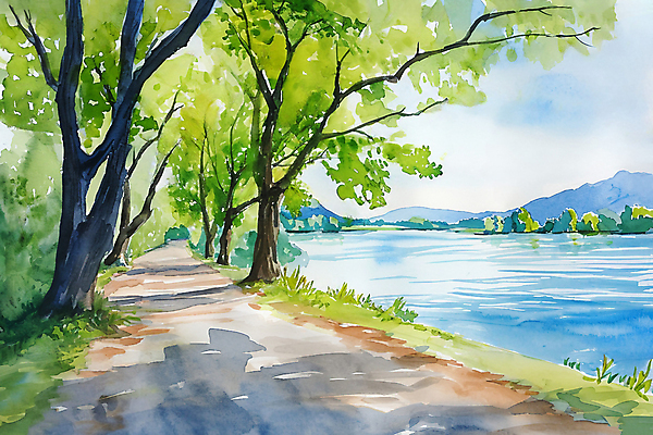 JPG 나무 길 호수 백그라운드 일러스트 붓터치 수채화 거리 풍경 사람없음 봄 번짐 국내일러스트 AI일러스트 AI콘텐츠 식물 계절 파일형식 효과