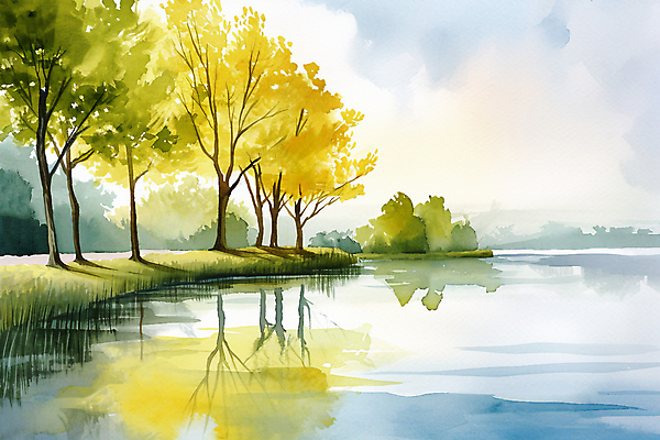 JPG 나무 길 호수 백그라운드 일러스트 붓터치 수채화 거리 풍경 사람없음 반사 봄 번짐 국내일러스트 AI일러스트 AI콘텐츠 식물 계절 파일형식 효과