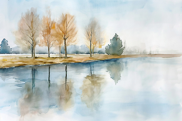 JPG 나무 호수 백그라운드 일러스트 붓터치 수채화 풍경 사람없음 반사 봄 번짐 국내일러스트 AI일러스트 AI콘텐츠 식물 계절 파일형식 효과