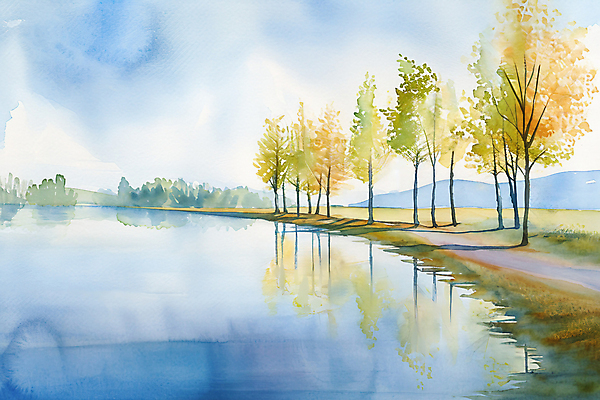 JPG 나무 길 호수 백그라운드 일러스트 붓터치 수채화 거리 풍경 사람없음 반사 봄 번짐 국내일러스트 AI일러스트 AI콘텐츠 식물 계절 파일형식 효과