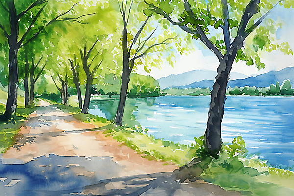 JPG 나무 길 호수 백그라운드 일러스트 붓터치 수채화 거리 풍경 사람없음 봄 번짐 국내일러스트 AI일러스트 AI콘텐츠 식물 계절 파일형식 효과