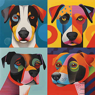 JPG 예술 일러스트 추상 미술 사람없음 컬러풀 개 강아지 디지털합성 그림 지오메트릭 국내일러스트 AI일러스트 AI콘텐츠 컬러 무늬 포유류 문화예술 반려동물 파일형식