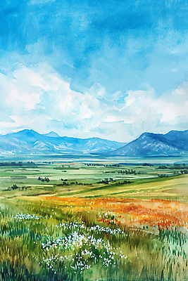 JPG 구름 백그라운드 꽃밭 일러스트 하늘 수채화 산 풍경 초원 사람없음 맑음 봄 국내일러스트 AI일러스트 AI콘텐츠 자연요소 계절 꽃 날씨 파일형식