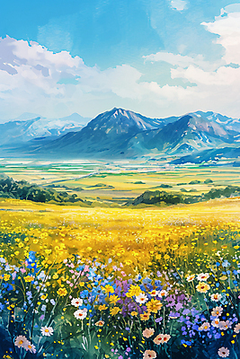 JPG 구름 백그라운드 꽃밭 일러스트 하늘 수채화 산 풍경 초원 사람없음 맑음 봄 국내일러스트 AI일러스트 AI콘텐츠 자연요소 계절 꽃 날씨 파일형식