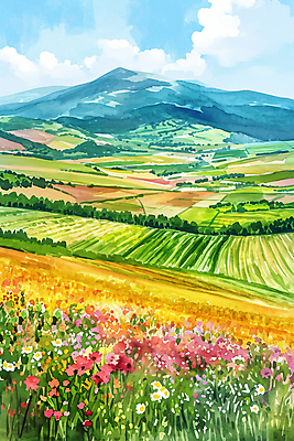 JPG 구름 백그라운드 꽃밭 밭 일러스트 하늘 수채화 산 풍경 초원 사람없음 맑음 봄 국내일러스트 AI일러스트 AI콘텐츠 자연요소 계절 꽃 농업 날씨 파일형식