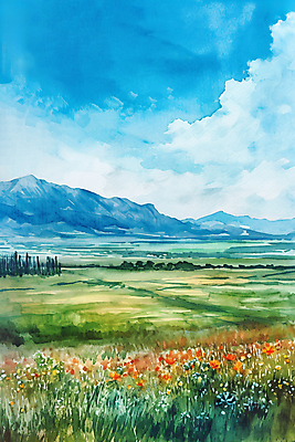 JPG 구름 백그라운드 꽃밭 일러스트 하늘 수채화 산 풍경 초원 사람없음 맑음 봄 번짐 국내일러스트 AI일러스트 AI콘텐츠 자연요소 계절 꽃 날씨 파일형식 효과