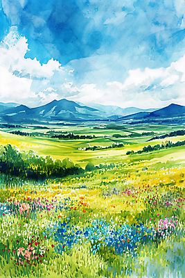 JPG 구름 백그라운드 꽃밭 일러스트 하늘 수채화 산 풍경 초원 사람없음 맑음 봄 번짐 국내일러스트 AI일러스트 AI콘텐츠 자연요소 계절 꽃 날씨 파일형식 효과