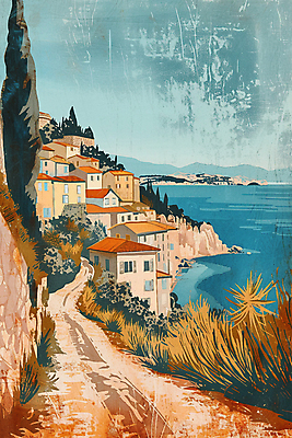 JPG 나무 길 바다 일러스트 산 주택 풍경 해변 사람없음 마을 고요 절벽 질감 해안도시 국내일러스트 AI일러스트 AI콘텐츠 식물 건물 도시 파일형식