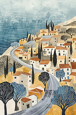 JPG 나무 길 바다 일러스트 산 주택 풍경 해변 사람없음 마을 고요 절벽 질감 해안도시 국내일러스트 AI일러스트 AI콘텐츠 식물 건물 도시 파일형식