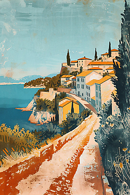 JPG 나무 길 바다 일러스트 산 주택 풍경 해변 사람없음 마을 고요 절벽 질감 해안도시 국내일러스트 AI일러스트 AI콘텐츠 식물 건물 도시 파일형식