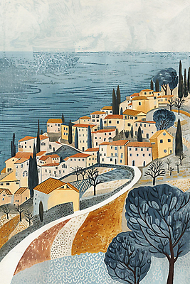 JPG 나무 길 바다 일러스트 산 주택 풍경 해변 사람없음 마을 고요 절벽 질감 해안도시 국내일러스트 AI일러스트 AI콘텐츠 식물 건물 도시 파일형식