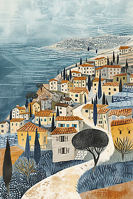 JPG 나무 길 바다 일러스트 산 주택 풍경 해변 사람없음 마을 고요 절벽 질감 해안도시 국내일러스트 AI일러스트 AI콘텐츠 식물 건물 도시 파일형식