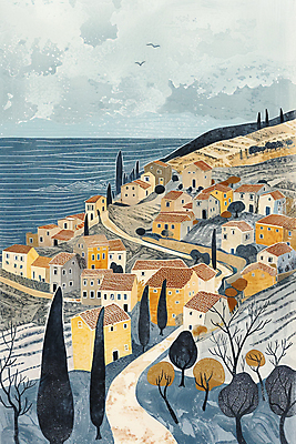 JPG 나무 길 바다 일러스트 산 주택 풍경 해변 사람없음 마을 고요 절벽 질감 해안도시 국내일러스트 AI일러스트 AI콘텐츠 식물 건물 도시 파일형식