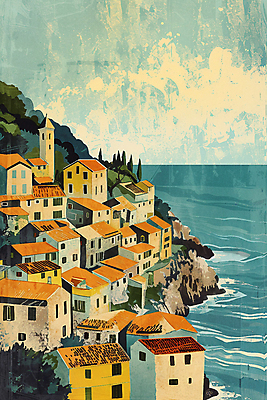 JPG 나무 바다 일러스트 산 주택 풍경 해변 사람없음 마을 고요 절벽 질감 해안도시 국내일러스트 AI일러스트 AI콘텐츠 식물 건물 도시 파일형식