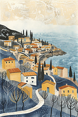 JPG 나무 길 바다 일러스트 산 주택 풍경 해변 사람없음 마을 고요 절벽 질감 해안도시 국내일러스트 AI일러스트 AI콘텐츠 식물 건물 도시 파일형식