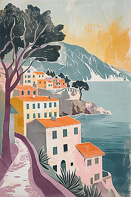 JPG 나무 길 바다 일러스트 산 주택 풍경 해변 사람없음 마을 고요 절벽 질감 해안도시 국내일러스트 AI일러스트 AI콘텐츠 식물 건물 도시 파일형식