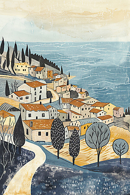 JPG 나무 길 바다 일러스트 산 주택 풍경 해변 사람없음 마을 고요 절벽 질감 해안도시 국내일러스트 AI일러스트 AI콘텐츠 식물 건물 도시 파일형식