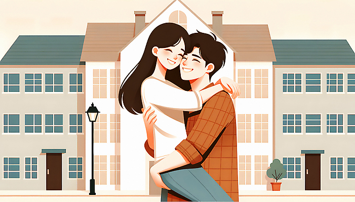 JPG 여자 남자 행복 일러스트 신혼부부 안기 부동산 주택 미소 성인 두명 내집마련 당첨 성인만 주택청약 청약 국내일러스트 AI일러스트 AI콘텐츠 부부 감정 모션 표정 사람 건물 경제 재산 신혼 파일형식