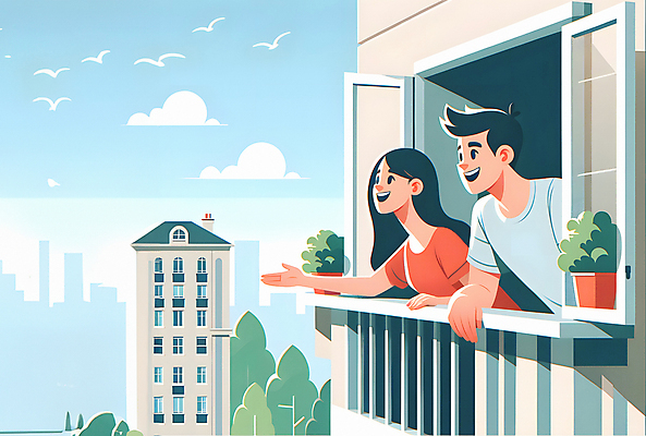 JPG 나무 여자 남자 일러스트 창문 난간 신혼부부 부동산 아파트 미소 상반신 성인 두명 발코니 내집마련 성인만 주택청약 청약 국내일러스트 AI일러스트 AI콘텐츠 식물 부부 주택 표정 사람 경제 재산 신혼 파일형식