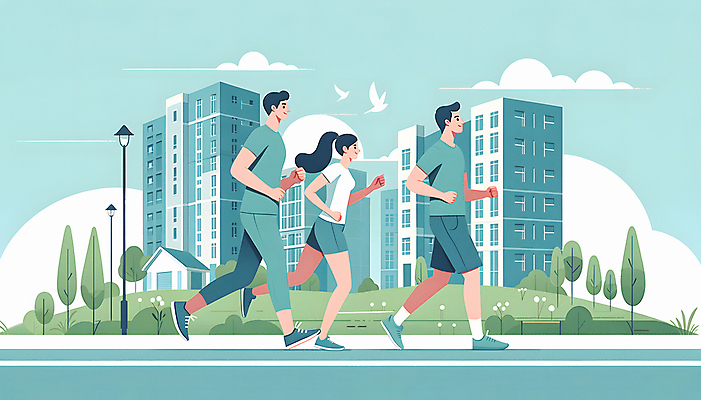 JPG 전신 여자 남자 하늘색 일러스트 신혼부부 부동산 아파트 성인 세명 달리기 조깅 내집마련 러닝 주민 성인만 주택청약 청약 국내일러스트 AI일러스트 AI콘텐츠 부부 모션 주택 사람 경제 파란색 운동 재산 신혼 파일형식