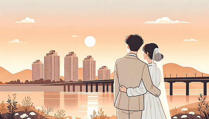 JPG 드레스 여자 남자 허리손 결혼 일러스트 신혼부부 부동산 아파트 턱시도 상반신 성인 두명 반사 일몰 강가 내집마련 신랑신부 가교 성인만 주택청약 청약 국내일러스트 AI일러스트 AI콘텐츠 건축물 부부 옷 신부_웨딩 포즈 신랑 주택 사람 정장 이벤트 경제 강 노을 재산 신혼 파일형식