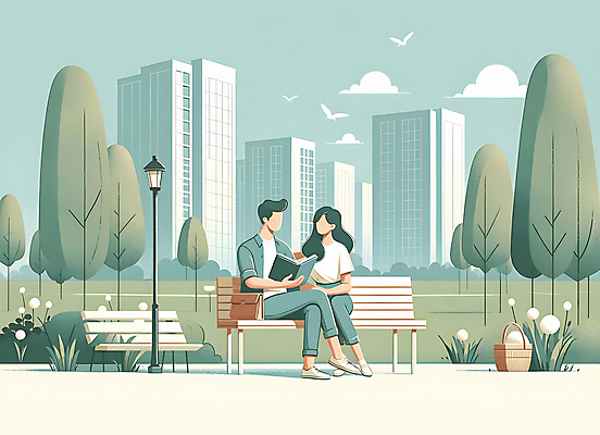 JPG 전신 나무 공원 여자 남자 꽃 여유 벤치 일러스트 신혼부부 조류 아파트 앉기 빌딩 성인 두명 풀 민트색 성인만 청약 국내일러스트 AI일러스트 AI콘텐츠 식물 동물 부부 공공시설 감정 컬러 의자 모션 주택 사람 건물 경제 신혼 파일형식