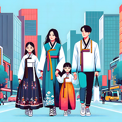 JPG 나무 한국전통 여자 남자 도로 어린이 일러스트 가족 버스 들기 소녀 빌딩 여러명 성인 손잡기 도시 도심 한복 생활한복 힙스터 국내일러스트 AI일러스트 AI콘텐츠 식물 전통 패션 길 육상교통 다수 관계 교통시설 모션 대중교통 한국 사람 건물 전통의상 파일형식