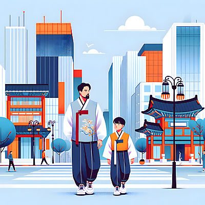 JPG 나무 한국전통 남자 도로 어린이 가로등 일러스트 가족 한옥 빌딩 소년 여러명 성인 걷기 도시 도심 한복 생활한복 부자지간 남자만 힙스터 국내일러스트 AI일러스트 AI콘텐츠 식물 전통 공공시설 패션 길 아들 다수 고건축 관계 교통시설 모션 한국 사람 건물 아빠 전통의상 파일형식