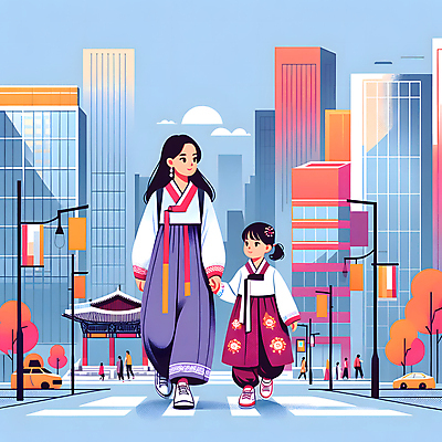 JPG 한국전통 여자 도로 어린이 가로등 일러스트 자동차 모녀 소녀 빌딩 성인 두명 걷기 도시 도심 군중 한복 생활한복 여자만 힙스터 국내일러스트 AI일러스트 AI콘텐츠 전통 공공시설 패션 딸 길 육상교통 가족 교통시설 모션 엄마 한국 사람 건물 전통의상 파일형식