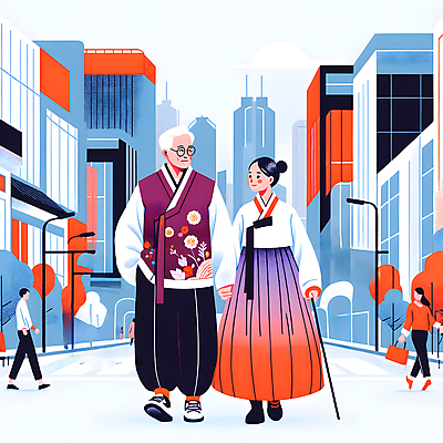 JPG 전신 한국전통 여자 남자 도로 가로등 일러스트 지팡이 빌딩 성인 두명 걷기 손잡기 도시 도심 한복 주머니손 생활한복 힙스터 국내일러스트 AI일러스트 AI콘텐츠 전통 공공시설 패션 길 교통시설 모션 한국 사람 건물 전통의상 파일형식