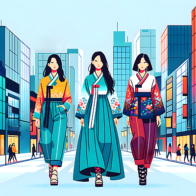 JPG 전신 한국전통 여자 도로 일러스트 빌딩 성인 세명 친구 걷기 도시 도심 군중 한복 주머니손 생활한복 성인여자만 힙스터 국내일러스트 AI일러스트 AI콘텐츠 전통 패션 길 관계 교통시설 모션 한국 사람 건물 전통의상 여자만 성인만 파일형식