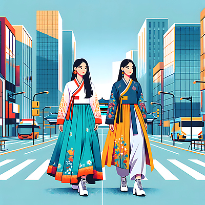 JPG 한국전통 여자 도로 가로등 일러스트 버스 한옥 빌딩 성인 두명 걷기 도시 도심 한복 생활한복 성인여자만 힙스터 국내일러스트 AI일러스트 AI콘텐츠 전통 공공시설 패션 길 육상교통 고건축 교통시설 모션 대중교통 한국 사람 건물 전통의상 여자만 성인만 파일형식