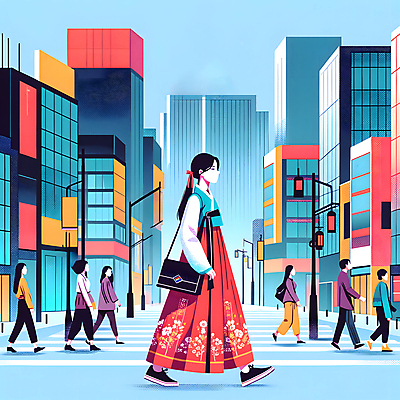 JPG 전신 한국전통 여자 남자 도로 여행 가로등 일러스트 빌딩 여러명 성인 걷기 도시 도심 군중 한복 생활한복 성인만 힙스터 국내일러스트 AI일러스트 AI콘텐츠 전통 공공시설 패션 길 다수 교통시설 모션 한국 사람 건물 전통의상 파일형식