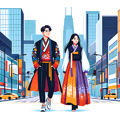 JPG 전신 한국전통 커플 여자 남자 여행 가로등 일러스트 자동차 거리 빌딩 성인 두명 도시 도심 한복 주머니손 생활한복 성인만 힙스터 국내일러스트 AI일러스트 AI콘텐츠 전통 공공시설 패션 육상교통 관계 모션 한국 사람 건물 전통의상 파일형식
