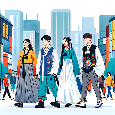 JPG 전신 한국전통 여자 남자 일러스트 거리 빌딩 여러명 성인 걷기 도시 도심 군중 한복 주머니손 생활한복 성인만 힙스터 국내일러스트 AI일러스트 AI콘텐츠 전통 패션 다수 모션 한국 사람 건물 전통의상 파일형식