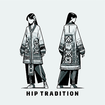 전신 긴머리 여자 패션 운동화 신발 일러스트 두명 유행 전통의상 퓨전 머리장식 여자만 힙스터 국내일러스트 AI파일 전통 헤어스타일 사람 장식 파일형식 벡터