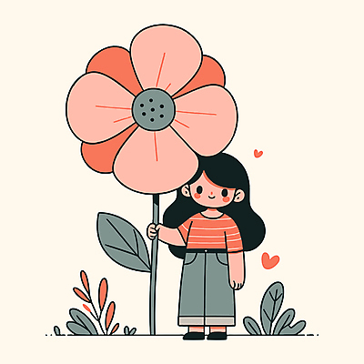 전신 여자 꽃 어린이 분홍색 잎 일러스트 자연 한명 서기 소녀 야외 평화 귀여움 하트 잡기 큼 소녀한명만 아기자기 국내일러스트 AI파일 모양 식물 1 컬러 컨셉 모션 사람 크기 생태계 여자한명만 소녀만 파일형식 벡터