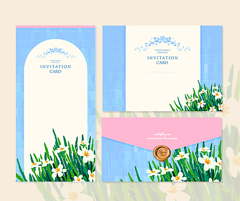템플릿 편집 하늘색 결혼 편지봉투 프레임 사람없음 세트 들꽃 편지 초대장 초대 씰링왁스 카피스페이스 이미지템플릿 AI파일 카드프레임 꽃 봉투 카드_감사 이벤트 파란색 공백 파일형식 벡터