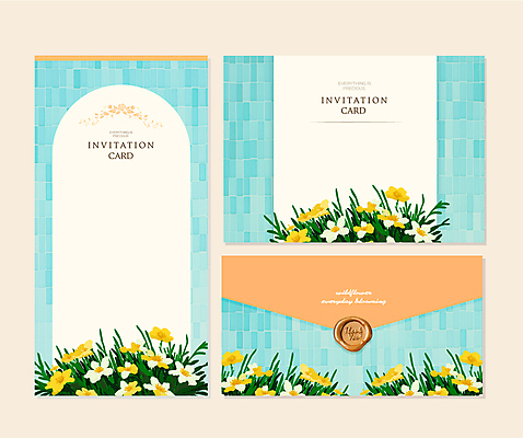 템플릿 편집 하늘색 결혼 편지봉투 프레임 사람없음 세트 주황색 들꽃 편지 초대장 초대 씰링왁스 카피스페이스 이미지템플릿 AI파일 카드프레임 꽃 컬러 봉투 카드_감사 이벤트 파란색 공백 파일형식 벡터