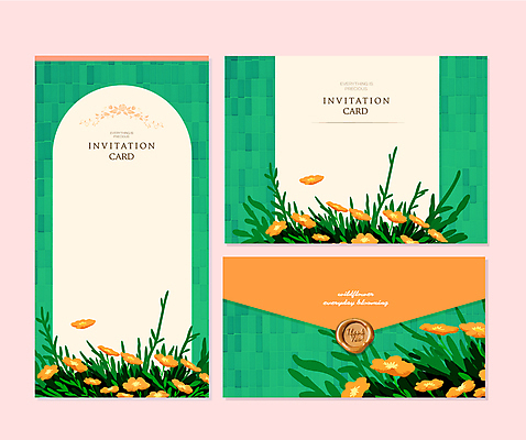 템플릿 편집 결혼 편지봉투 프레임 사람없음 초록색 세트 주황색 들꽃 편지 초대장 초대 씰링왁스 카피스페이스 이미지템플릿 AI파일 카드프레임 꽃 컬러 봉투 카드_감사 이벤트 공백 파일형식 벡터