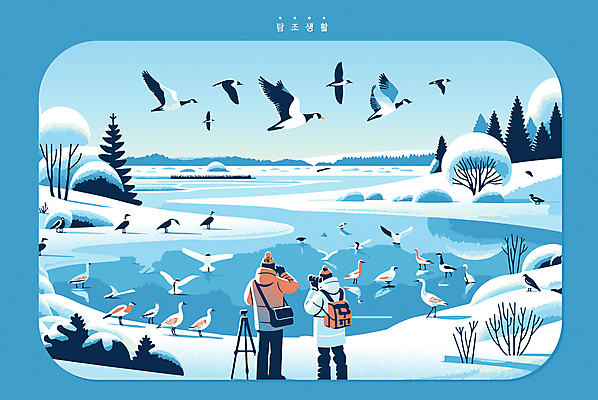 전신 동물 여자 남자 호수 겨울 일러스트 조류 성인 두명 파란색 설원 촬영 망원경 추위 비행 관찰 겨울옷 철새 삼각대 성인만 국내일러스트 AI파일 옷 계절 컬러 모션 눈_날씨 사람 파일형식 벡터