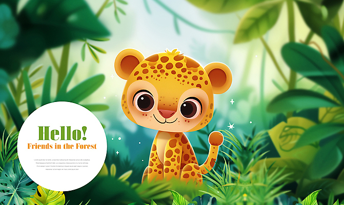 PSD 나무 동물 편집이미지 꽃 잎 타이포그라피 사람없음 귀여움 숲속 표범 이미지편집 식물 문자 컨셉 포유류 숲 파일형식