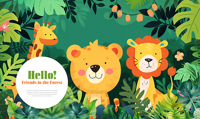 PSD 나무 동물 편집이미지 꽃 잎 타이포그라피 사람없음 귀여움 호랑이 숲속 사자 기린 이미지편집 식물 문자 컨셉 포유류 숲 파일형식