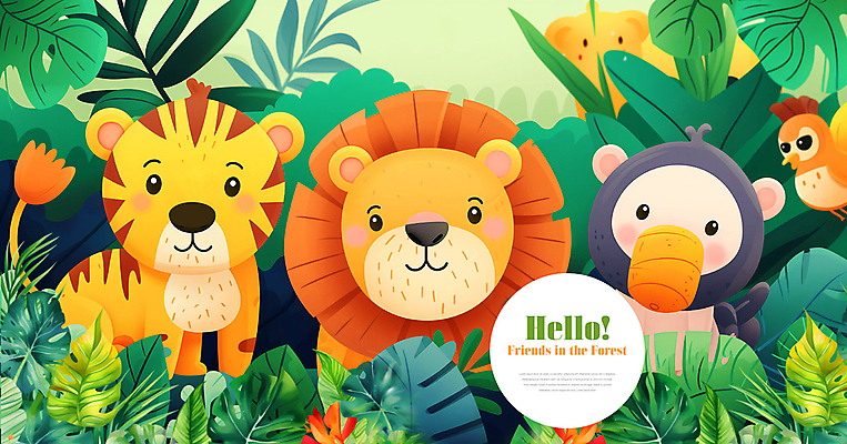 PSD 나무 동물 편집이미지 꽃 잎 타이포그라피 사람없음 귀여움 호랑이 숲속 사자 이미지편집 식물 문자 컨셉 포유류 숲 파일형식