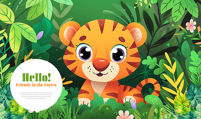 PSD 나무 동물 편집이미지 꽃 잎 타이포그라피 사람없음 귀여움 호랑이 숲속 이미지편집 식물 문자 컨셉 포유류 숲 파일형식