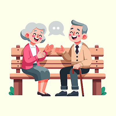 전신 클립아트 캐릭터 부부 여자 할아버지 노년 남자 할머니 말풍선 벤치 일러스트 지팡이 대화 두명 노부부 풀 실버 노인만 국내일러스트 일러캐릭터 AI파일 식물 커플 의자 말하기 사람 성인 성인만 파일형식 벡터