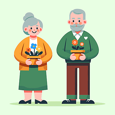 전신 클립아트 캐릭터 부부 여자 할아버지 노년 남자 꽃 화분 할머니 일러스트 나뭇잎 들기 두명 노부부 실버 노인만 국내일러스트 일러캐릭터 AI파일 식물 커플 잎 모션 사람 성인 성인만 파일형식 벡터