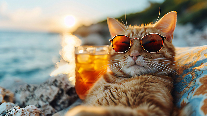 JPG 편집이미지 한마리 행복 음료 바다 여행 휴가 휴식 잔 사람없음 여름휴가 바캉스 선글라스 고양이 호캉스 편집실사 펫캉스 AI포토 AI콘텐츠 1 식기 감정 안경 컨셉 포유류 반려동물 CG 파일형식 여름_계절