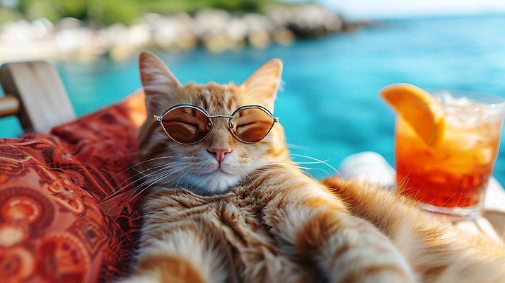 JPG 편집이미지 한마리 행복 음료 바다 여행 휴가 휴식 잔 사람없음 여름휴가 바캉스 선글라스 고양이 호캉스 편집실사 펫캉스 AI포토 AI콘텐츠 1 식기 감정 안경 컨셉 포유류 반려동물 CG 파일형식 여름_계절