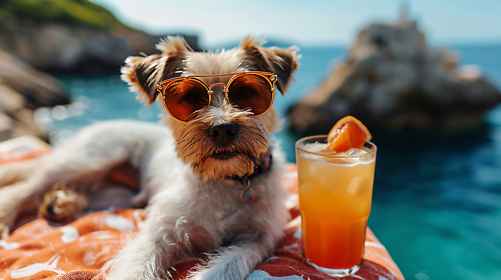JPG 편집이미지 한마리 행복 음료 바다 여행 휴가 휴식 잔 사람없음 여름휴가 바캉스 선글라스 강아지 호캉스 편집실사 펫캉스 AI포토 AI콘텐츠 1 식기 감정 안경 컨셉 반려동물 개 CG 파일형식 여름_계절